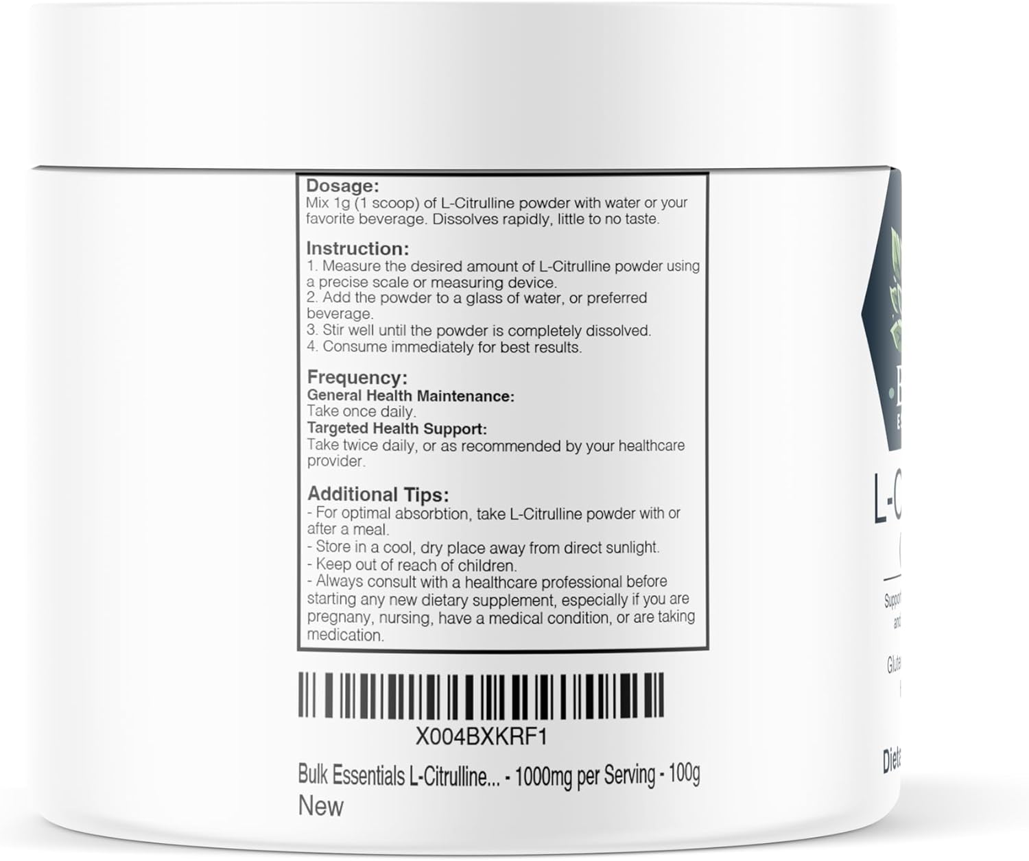 100g Bulk Essentials L-Citrulline Powder for Increased Nitric Oxide Production - Pure, Gluten Free Citrulline Supplement with 1000mg per Serving