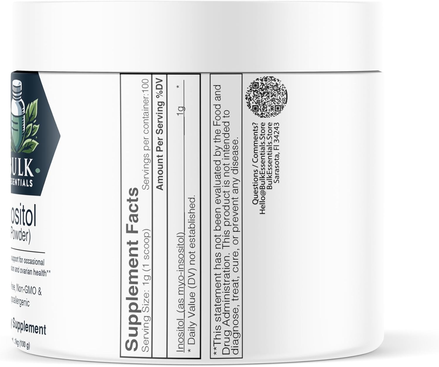 100g Bulk Inositol Powder Supplement - Unflavored & Gluten Free - 1000mg per Serving - Vitamin B8 Powder - Myoinositol - Essential