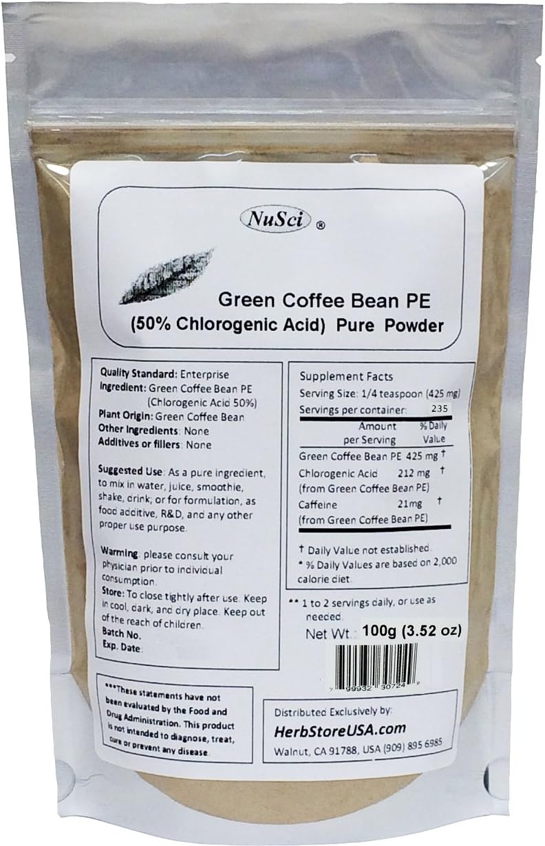 100g NuSci Green Coffee Bean Extract Powder - 50% Chlorogenic Acid - Pure & Natural Supplement