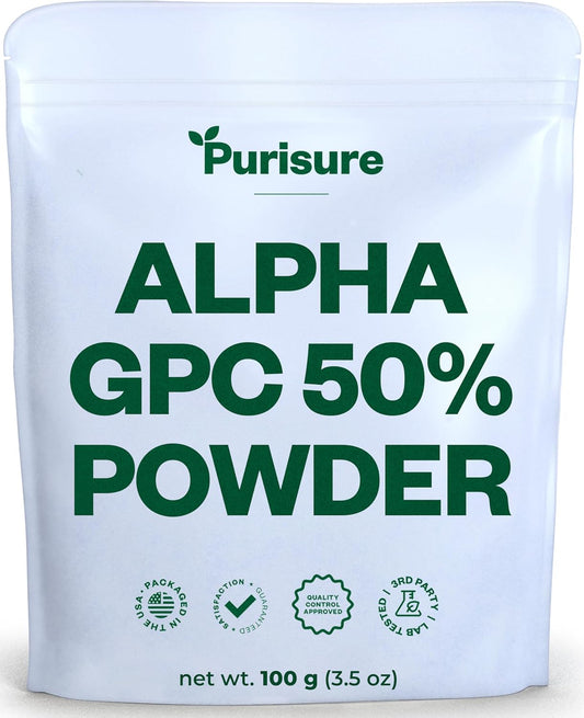 100g Purisure Alpha GPC 50% Powder: Pure Choline Supplement for Brain, Memory, Focus - Non-GMO, No Fillers - 167 Servings