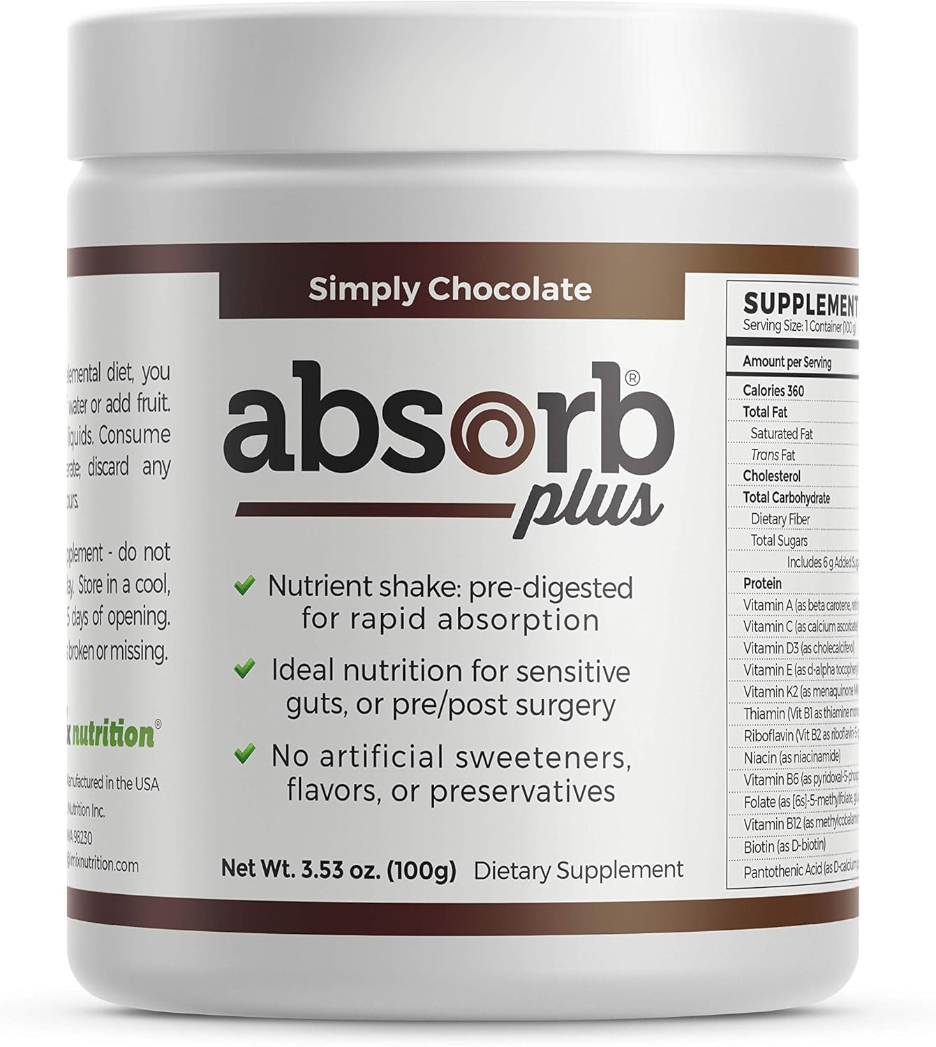 100g Simply Chocolate Absorb Plus Isolate Protein: Diet Supplement for Gut Health, Nutritional Support - Non-GMO, Gluten-Free, Lactose-Free, Casein-Free