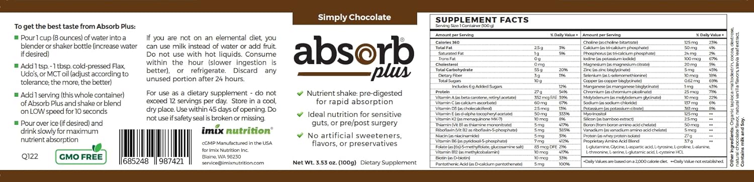 100g Simply Chocolate Absorb Plus Isolate Protein: Diet Supplement for Gut Health, Nutritional Support - Non-GMO, Gluten-Free, Lactose-Free, Casein-Free