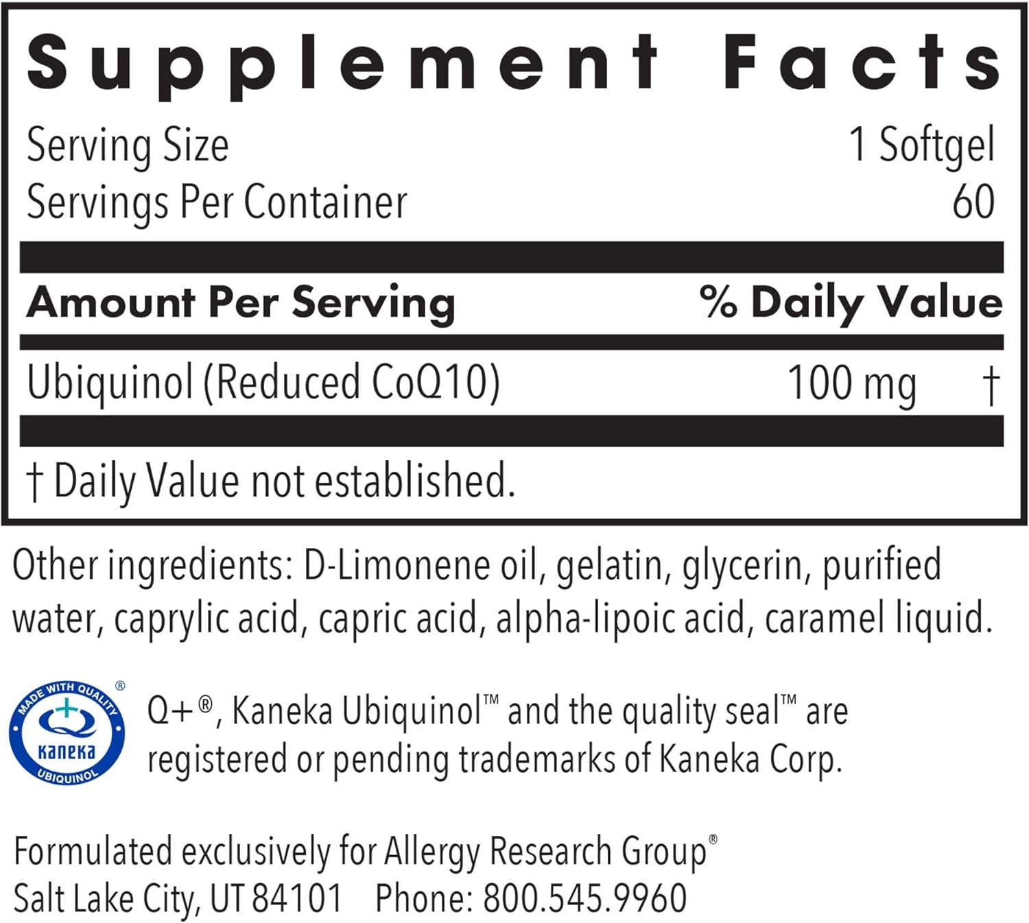 100mg Allergy Research Group CoQH-CF Ubiquinol Supplement - Cardiovascular & Immune Support - Stable & Bioavailable Softgels - 60 Count