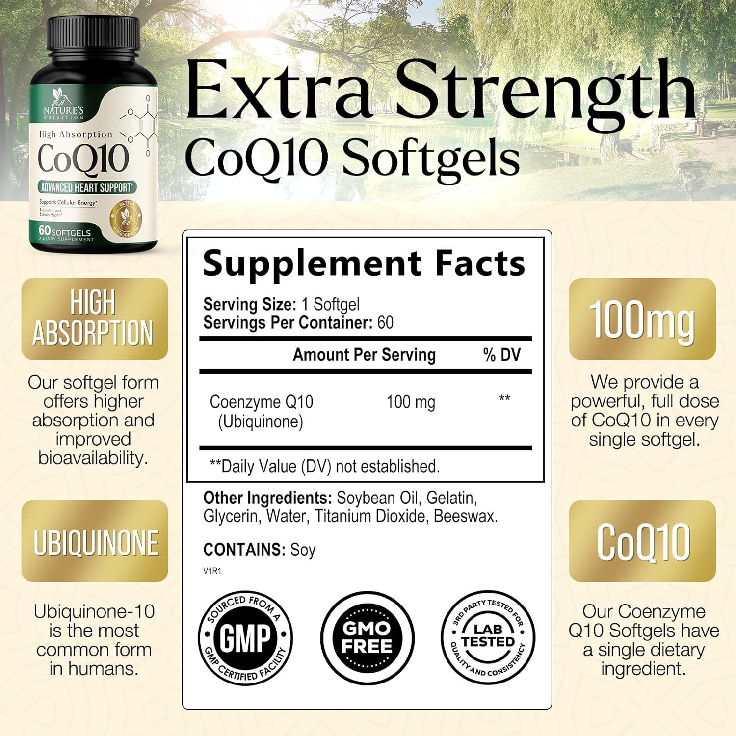 100mg CoQ10 Softgels for Heart Health & Energy Support - Antioxidant, Non-GMO, Gluten Free - 60 Nature's Coenzyme Q10 Vitamins