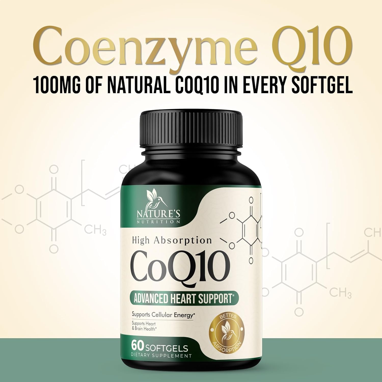 100mg CoQ10 Softgels for Heart Health & Energy Support - Antioxidant, Non-GMO, Gluten Free - 60 Nature's Coenzyme Q10 Vitamins