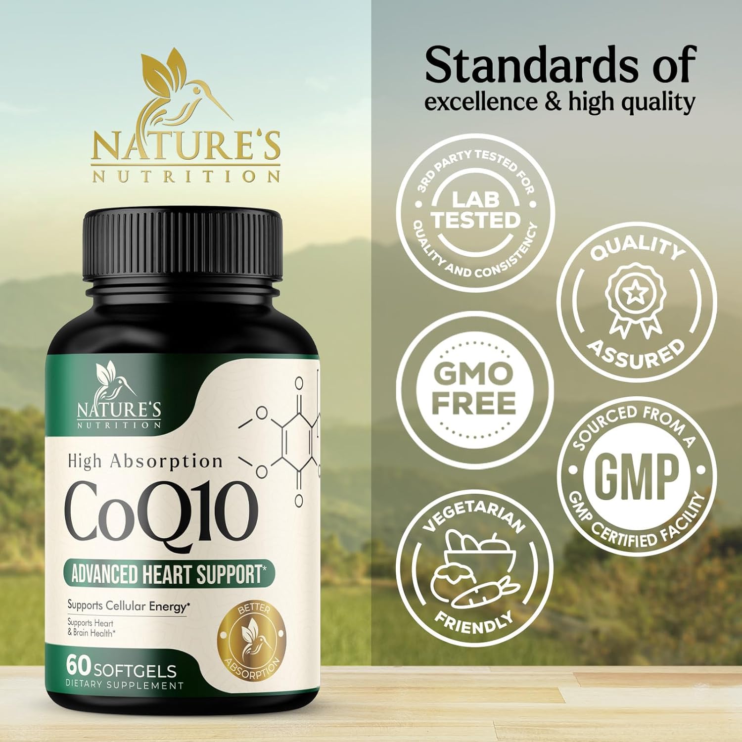 100mg CoQ10 Softgels for Heart Health & Energy Support - Antioxidant, Non-GMO, Gluten Free - 60 Nature's Coenzyme Q10 Vitamins