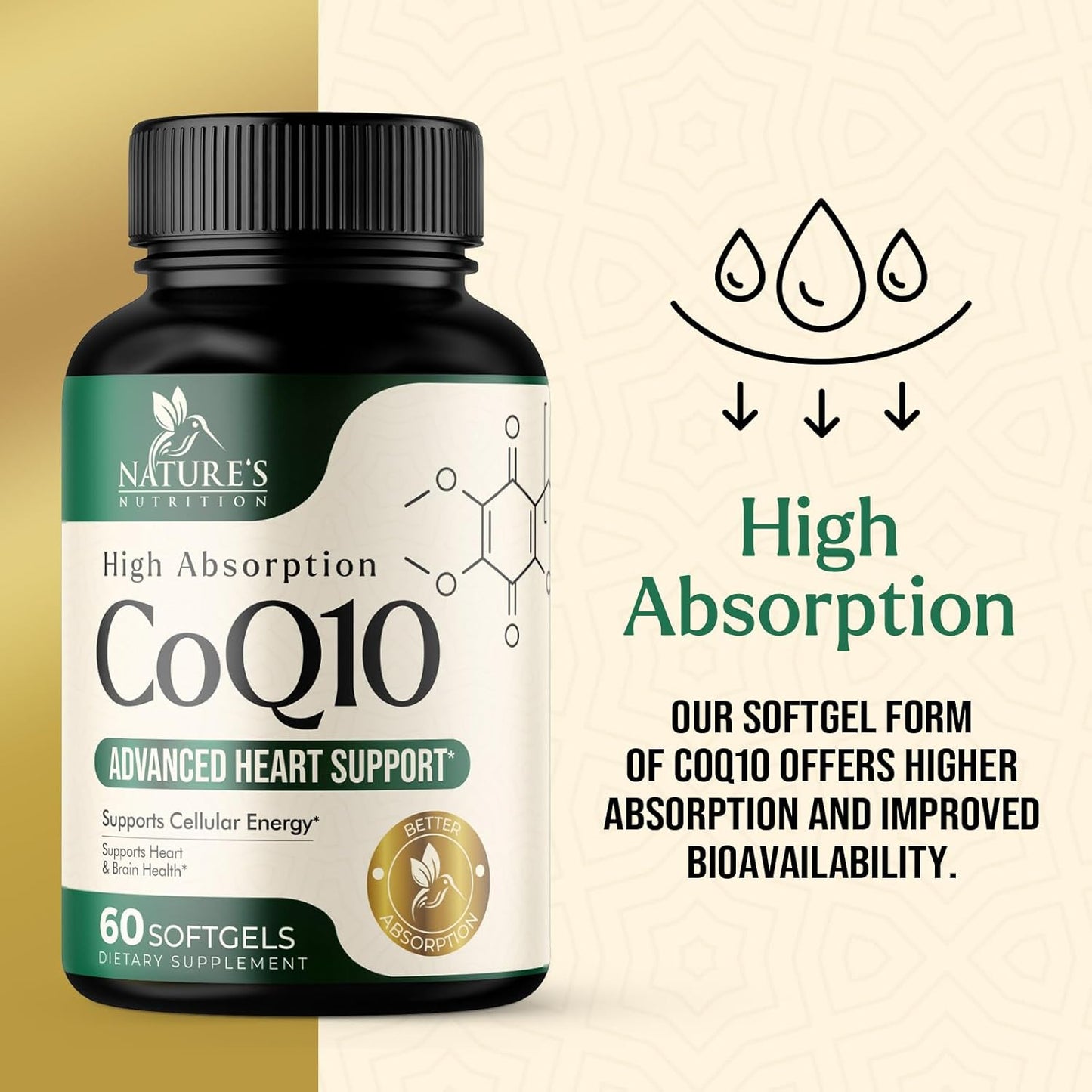100mg CoQ10 Softgels for Heart Health & Energy Support - Antioxidant, Non-GMO, Gluten Free - 60 Nature's Coenzyme Q10 Vitamins