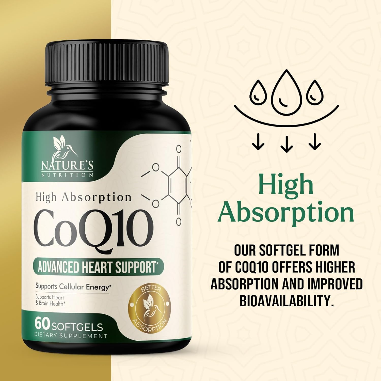 100mg CoQ10 Softgels for Heart Health & Energy Support - Antioxidant, Non-GMO, Gluten Free - 60 Nature's Coenzyme Q10 Vitamins
