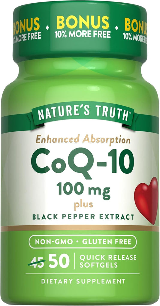 100mg CoQ10 Softgels with Black Pepper Extract | 50 Count | Non-GMO & Gluten Free Formula by Nature's Truth
