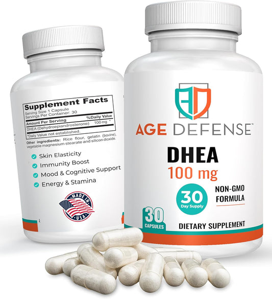 100mg DHEA Capsules - Natural Energy & Immune Support Supplement - Vitality & Skin Elasticity Boost - 30 Capsules for Men & Women
