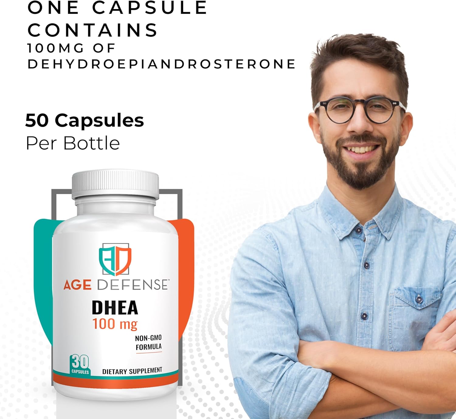 100mg DHEA Capsules - Natural Energy & Immune Support Supplement - Vitality & Skin Elasticity Boost - 30 Capsules for Men & Women