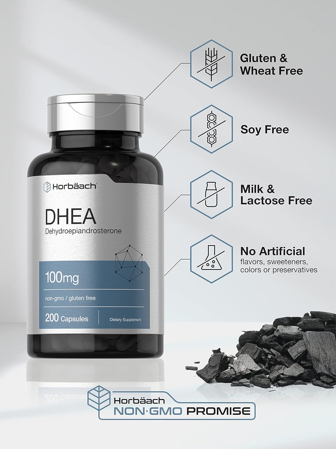 100mg DHEA Supplement for Men and Women - 200 Capsules, Non-GMO & Gluten Free by Horbäach