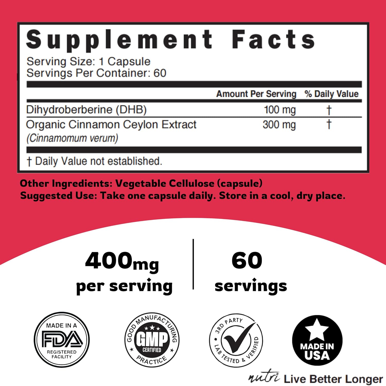 100mg Dihydroberberine Supplement with Ceylon Cinnamon - 60 Capsules - 5X More Effective Than Berberine HCL - Nature's Fusions