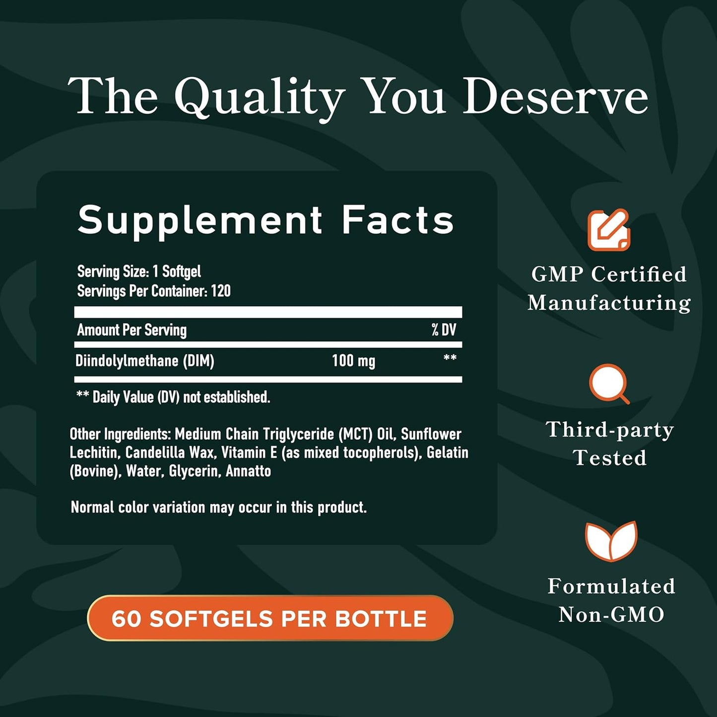 100mg DIM Supplement for Hormone Balance & Antioxidant Support | Estrogen Balance for Men & Women | Softgels with MCT Oil & Vitamin E | 120 Count