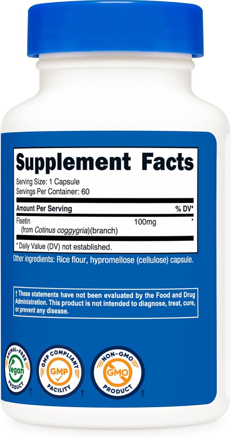 100mg Fisetin Capsules - 60 Count - Pure Polyphenol Antioxidant Supplement - Non-GMO, Gluten Free, Vegan Friendly