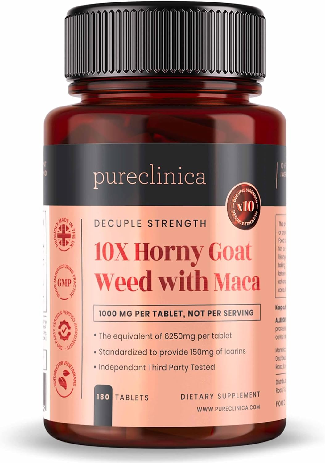 10X Horny Goat Weed & Maca Extract Tablets - 6250mg x 180 (6 Months Supply) - High Icariins - 300% Absorption Boost