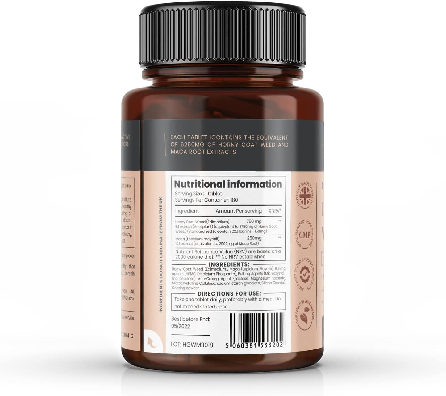 10X Horny Goat Weed & Maca Extract Tablets - 6250mg x 180 (6 Months Supply) - High Icariins - 300% Absorption Boost