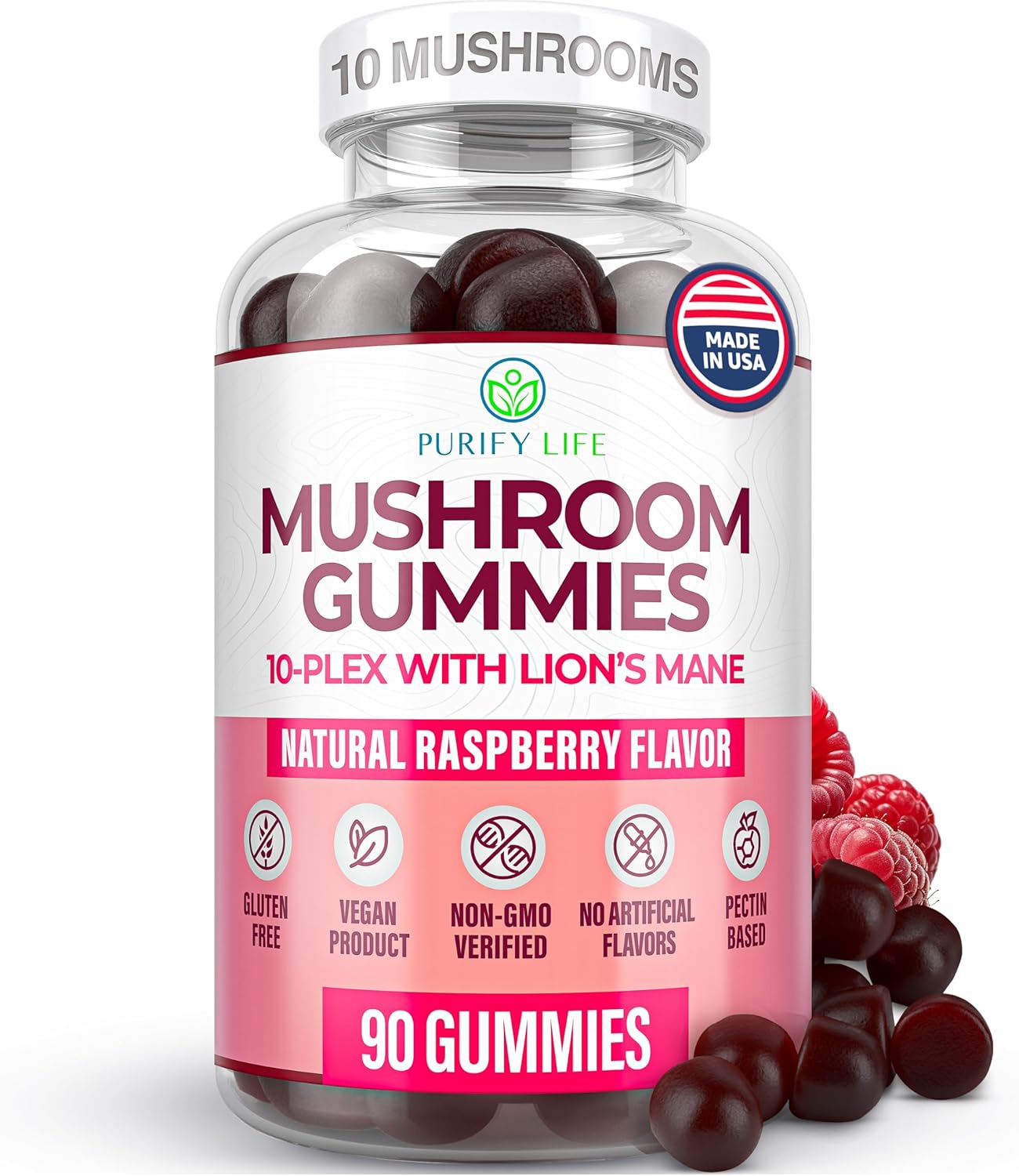 10x Mushroom Complex Gummies with Lions Mane - 90 Chews, 2500mg/serving - Nootropic Brain & Immune Support, Stress Relief - Replace Pills