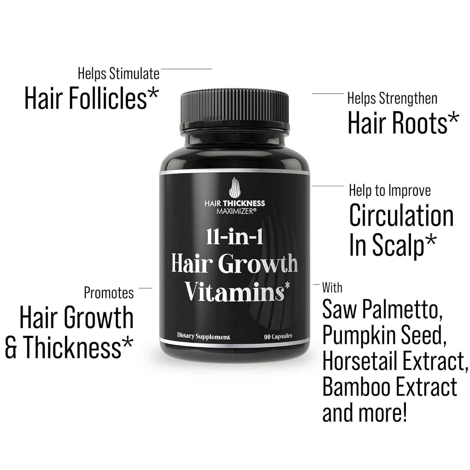11-in-1 Hair Growth Vitamins with Biotin & Saw Palmetto - Vegan Hair Strength Supplement for Thicker Hair