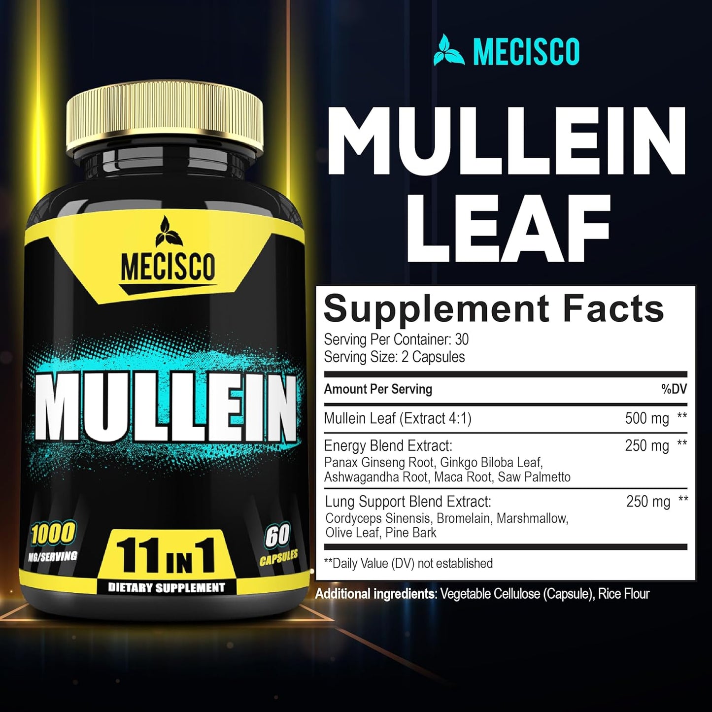 11-in-1 Mullein Leaf Supplement with Panax Ginseng Root, Cordyceps Sinensis - 60 Capsules - Respiratory Health, Immune Support, Energy, Memory