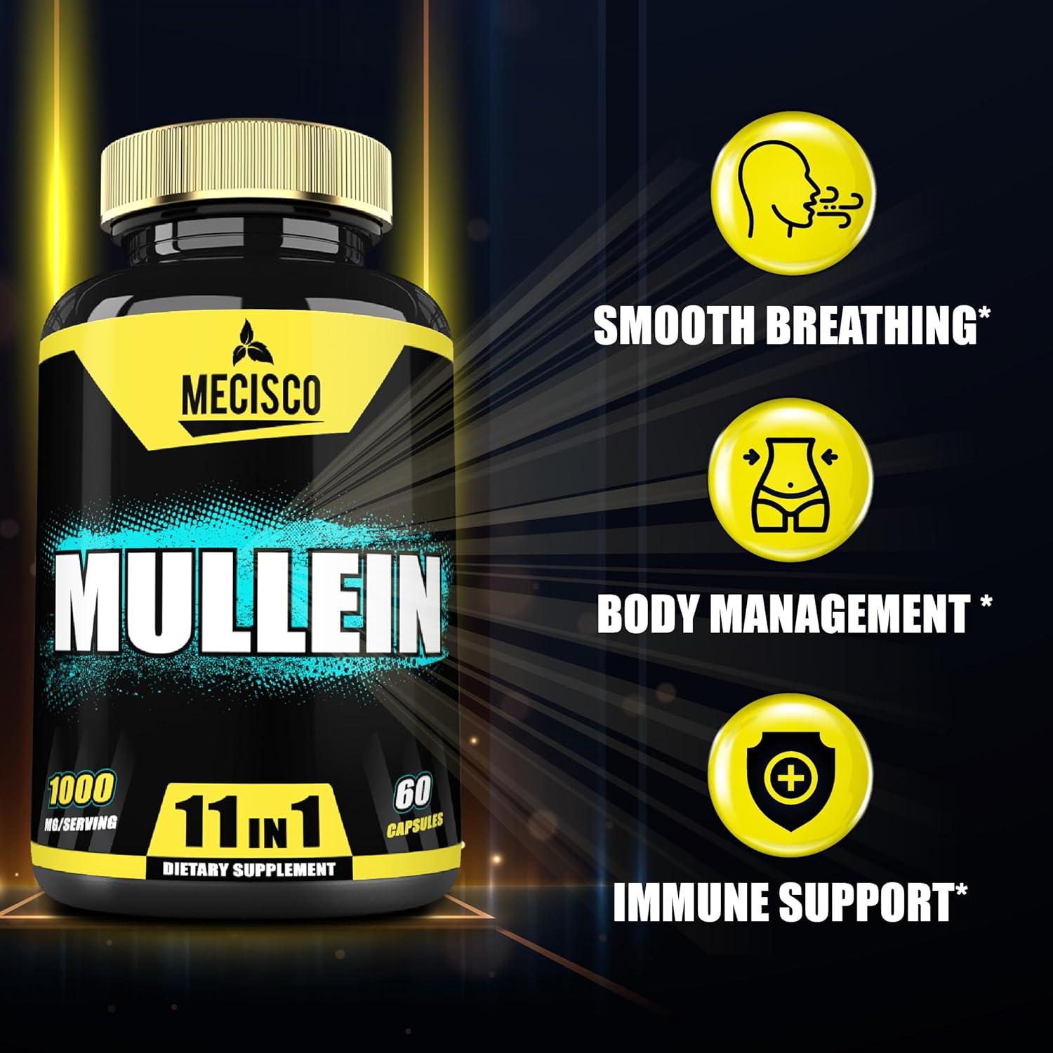11-in-1 Mullein Leaf Supplement with Panax Ginseng Root, Cordyceps Sinensis - 60 Capsules - Respiratory Health, Immune Support, Energy, Memory