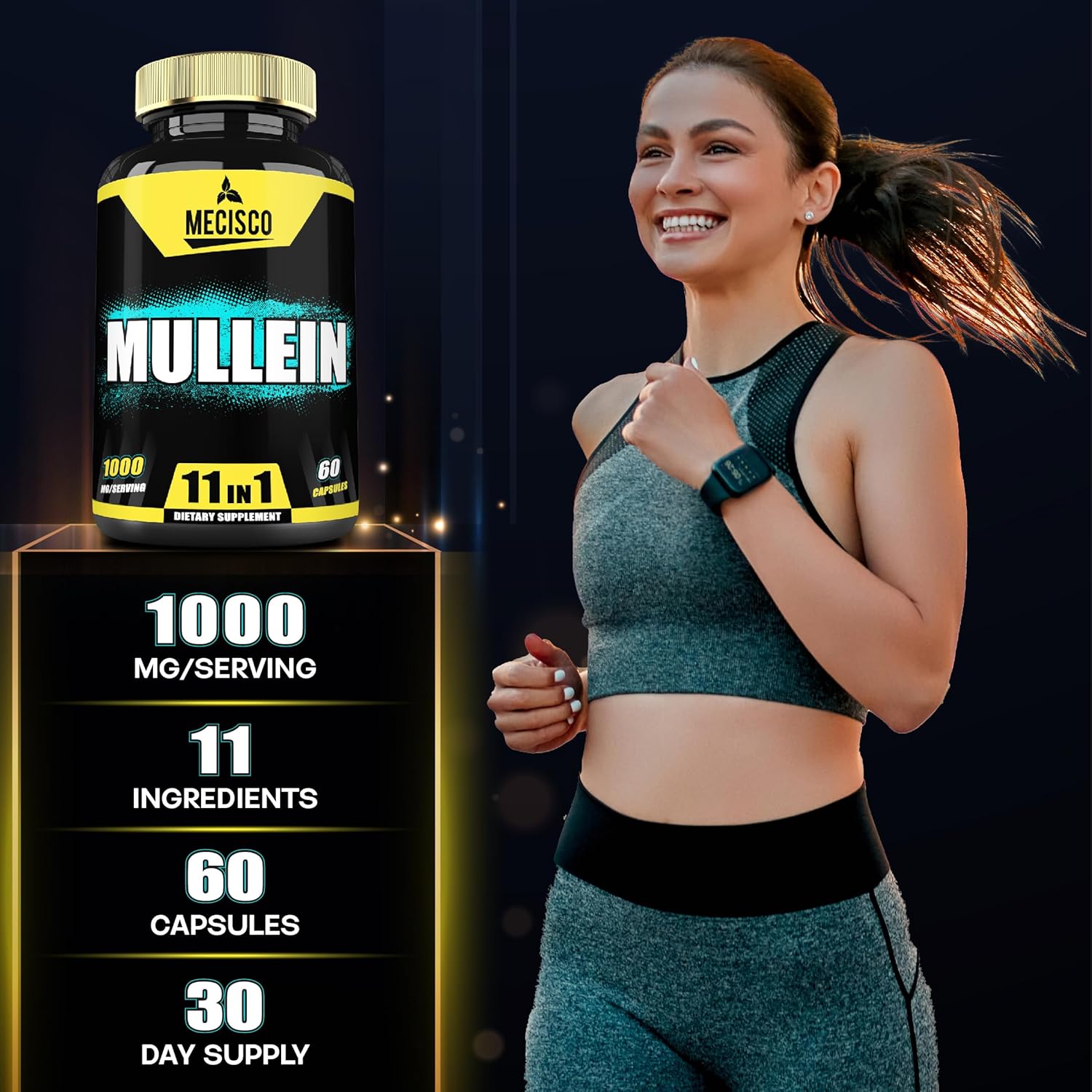 11-in-1 Mullein Leaf Supplement with Panax Ginseng Root, Cordyceps Sinensis - 60 Capsules - Respiratory Health, Immune Support, Energy, Memory