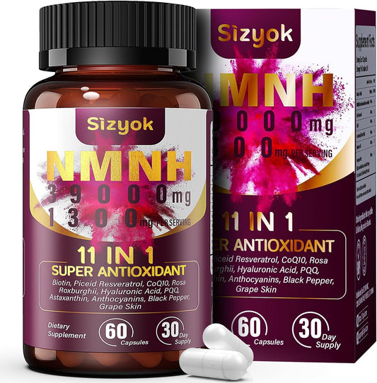 11-in-1 NMNH NAD+ Supplement 600mg - Resveratrol, CoQ10 - Anti-Aging Support - 60 Count - 30 Day Supply
