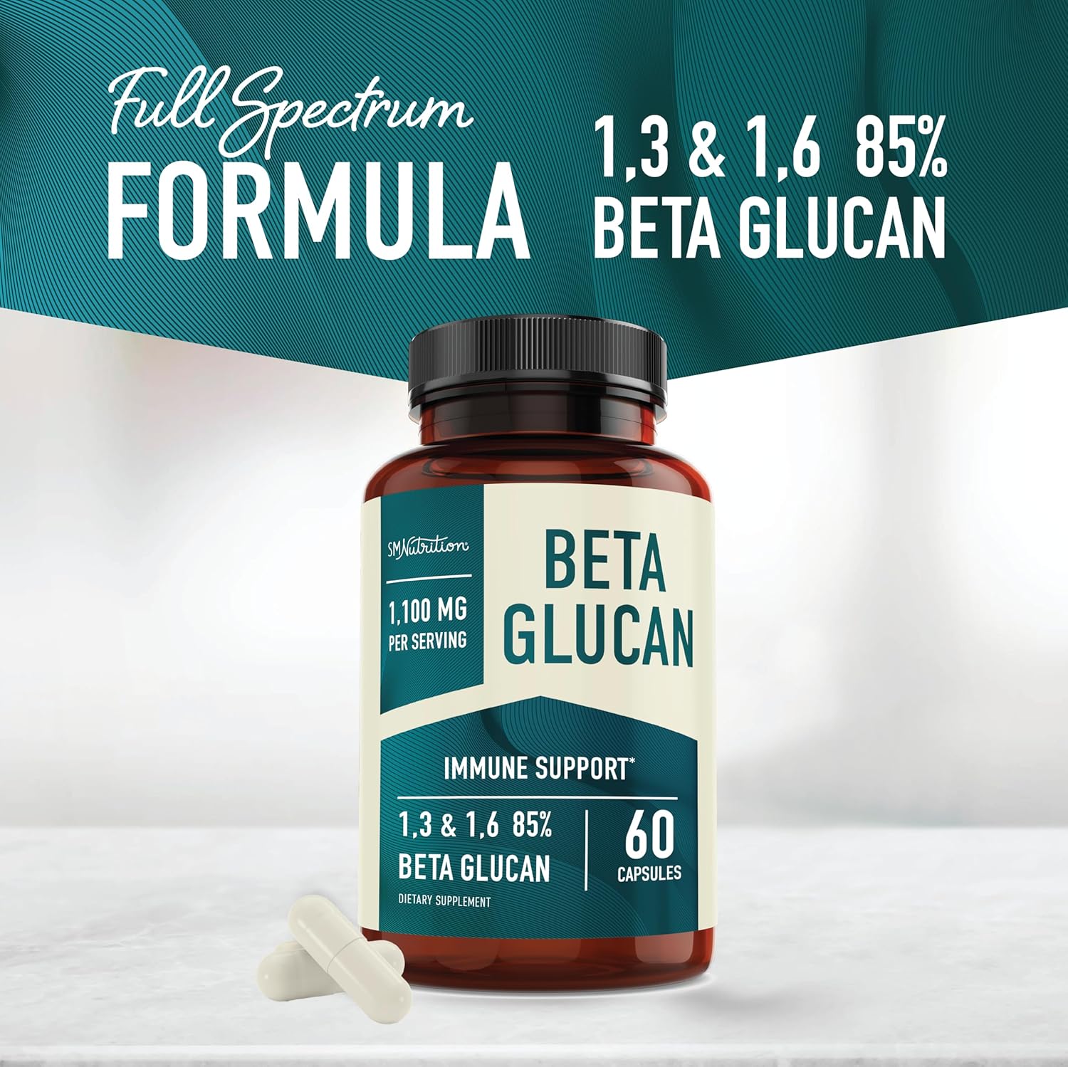 1100mg Beta Glucan Supplement for Immunity, Skin & Gut Support - Extra Strength Formula with 70% Concentration - Non-GMO, Vegan, Gluten-Free - 60 Capsules