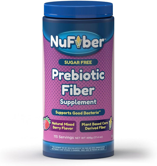 115 Servings NuFiber Prebiotic Fiber Supplement, Mixed Berry Flavor, Gluten/Sugar Free Plant Based Powder for Digestive Health