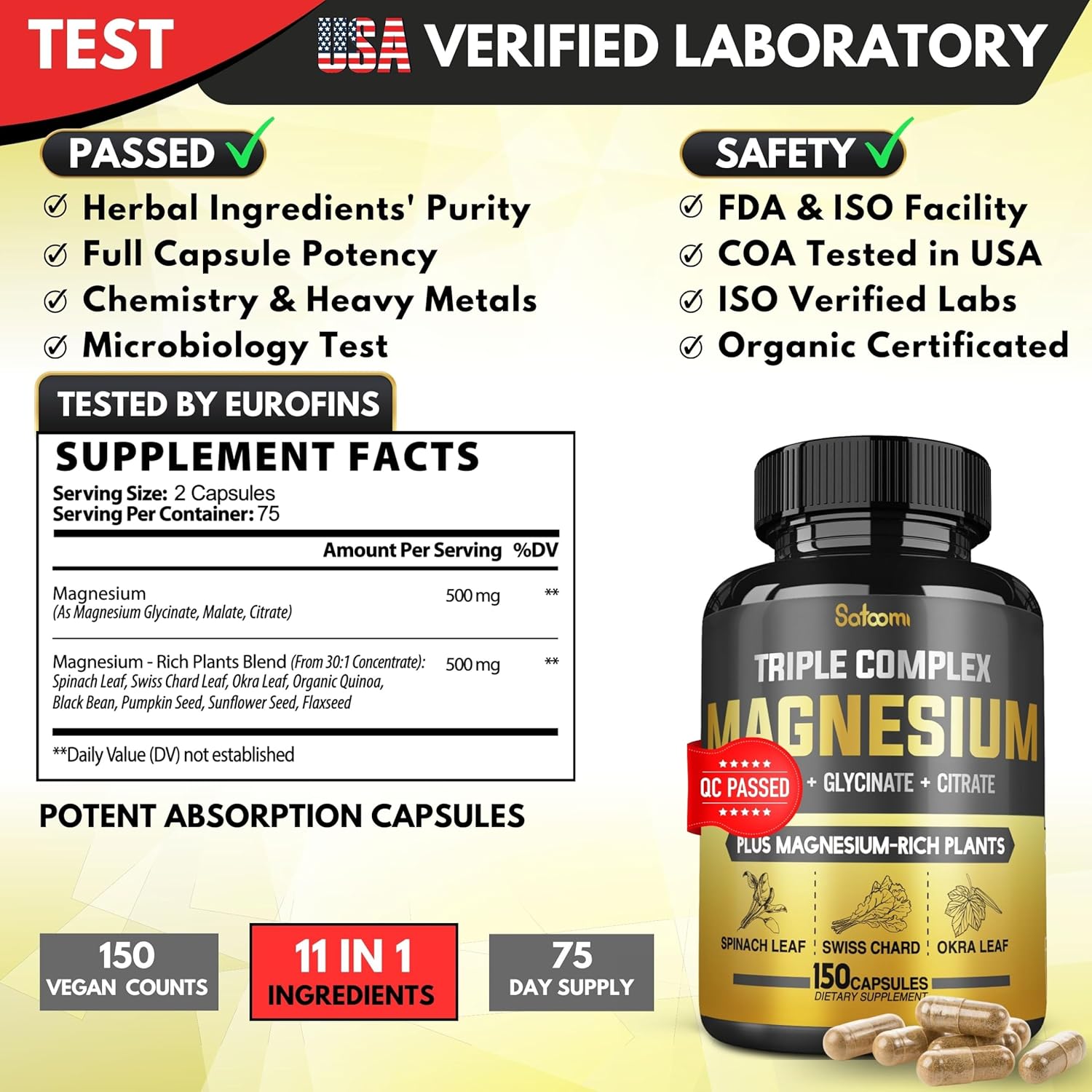 11in1 Magnesium Complex Capsules - 15500 mg - Muscle, Joint, Heart & Digestive Support - 150 Count