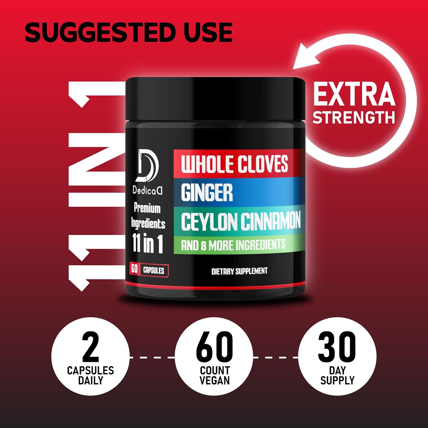 11in1 Whole Clove Supplement with Ginger Root, Ceylon Cinnamon - Digestive, Immune System, Mood Support - 60 Capsules
