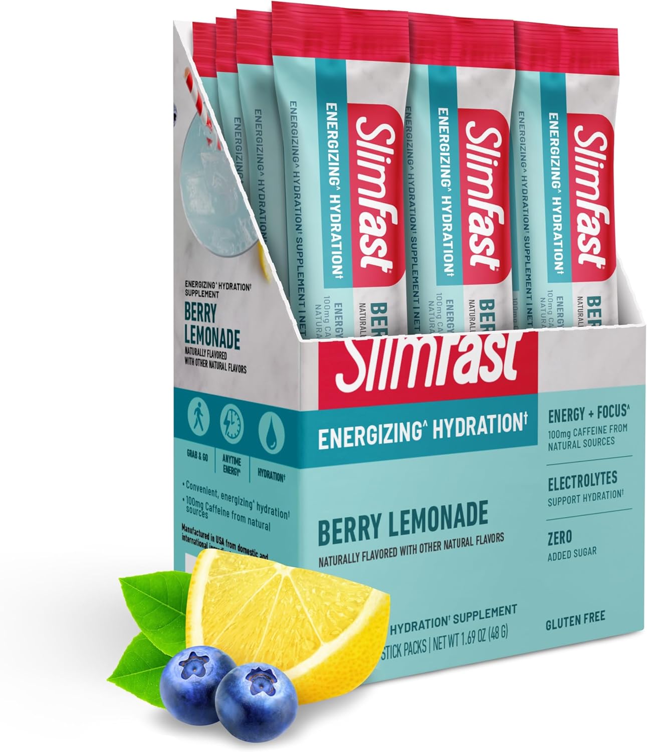 12 Count SlimFast Berry Lemonade Hydration Packets with Intermittent Fasting Electrolytes and Natural Caffeine Powder