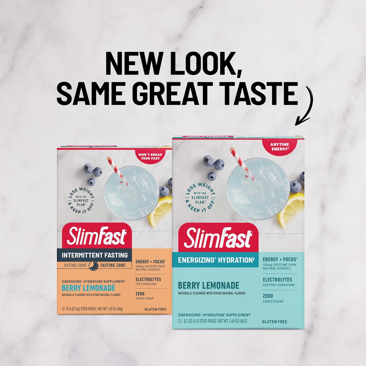 12 Count SlimFast Berry Lemonade Hydration Packets with Intermittent Fasting Electrolytes and Natural Caffeine Powder