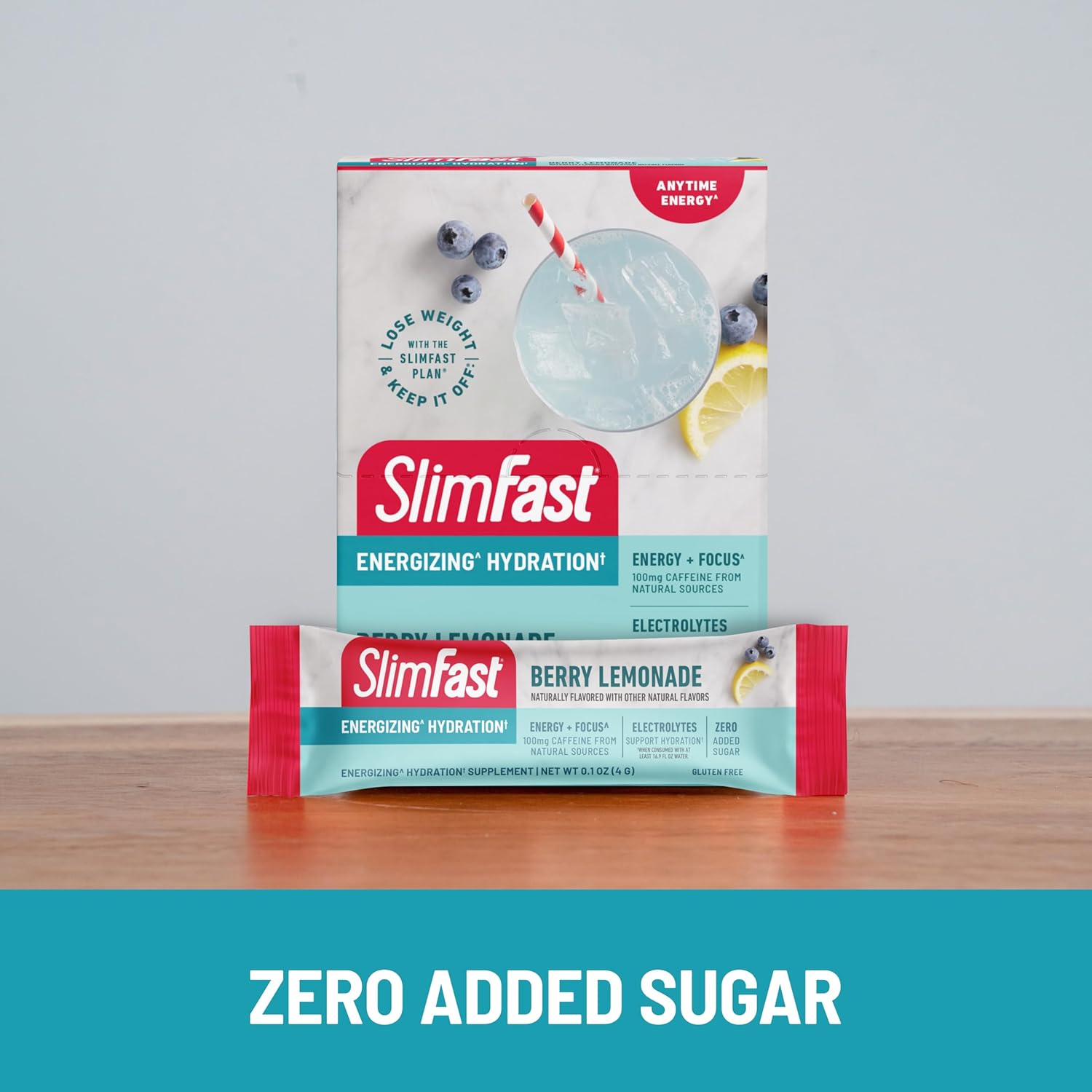 12 Count SlimFast Berry Lemonade Hydration Packets with Intermittent Fasting Electrolytes and Natural Caffeine Powder