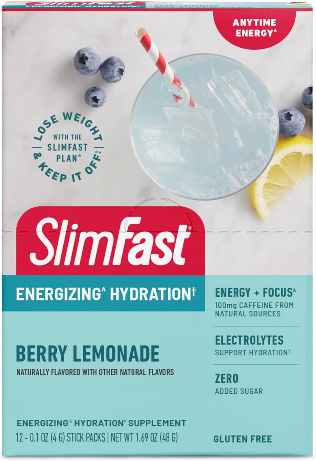 12 Count SlimFast Berry Lemonade Hydration Packets with Intermittent Fasting Electrolytes and Natural Caffeine Powder