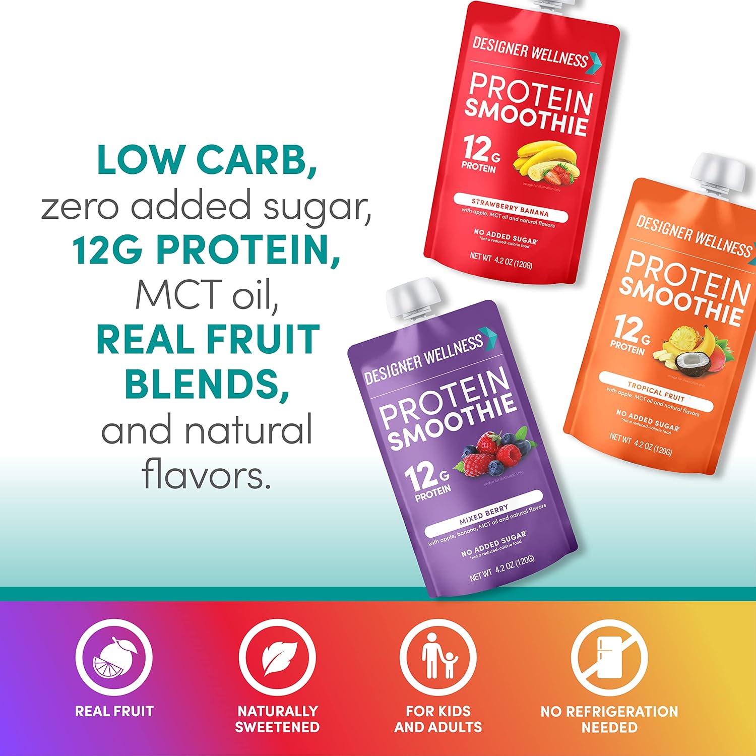 12 Designer Wellness Protein Smoothies with Real Fruit, 12g Protein, Low Carb, Zero Added Sugar, Gluten-Free, Non-GMO - Variety Pack of 12