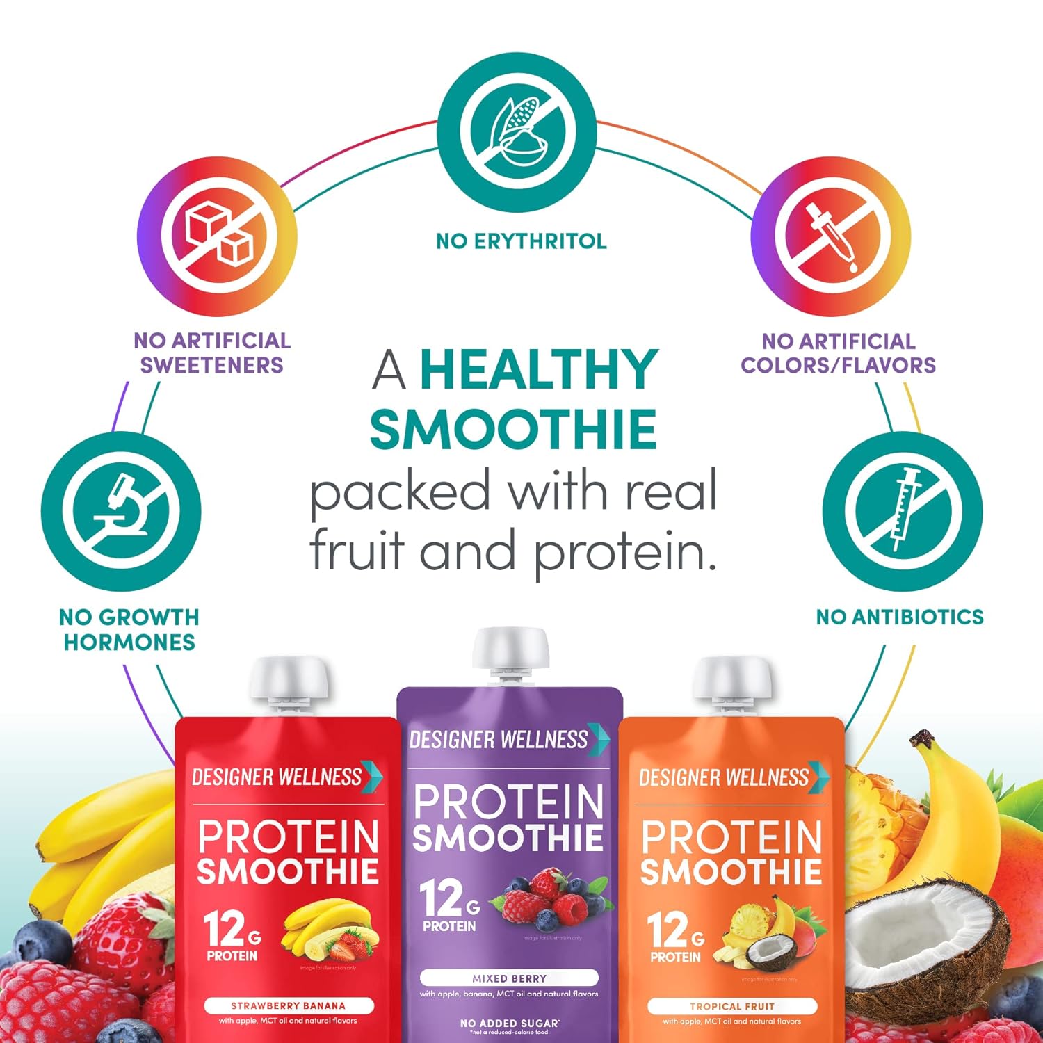 12 Designer Wellness Protein Smoothies with Real Fruit, 12g Protein, Low Carb, Zero Added Sugar, Gluten-Free, Non-GMO - Variety Pack of 12