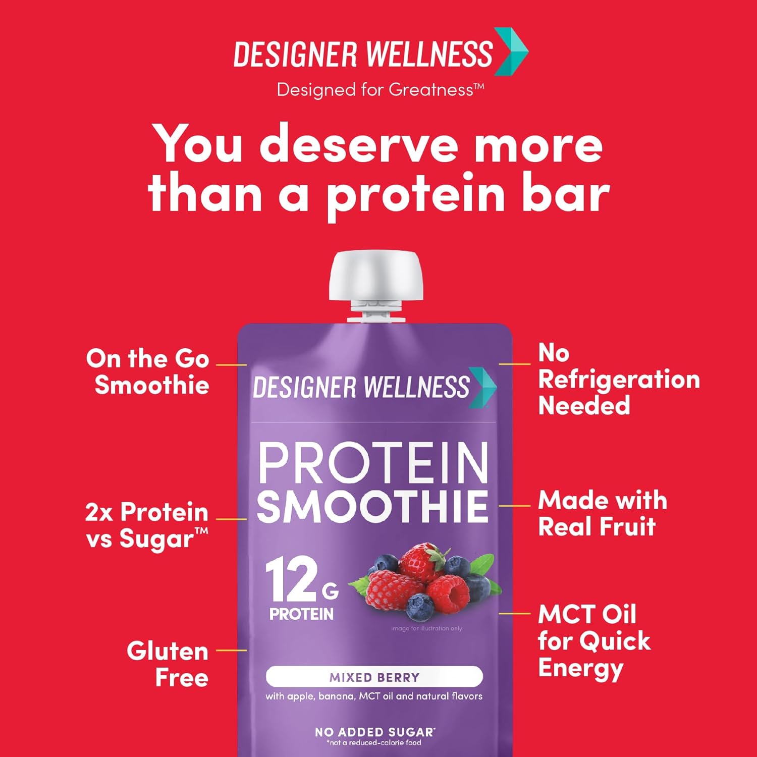 12 Designer Wellness Protein Smoothies with Real Fruit, 12g Protein, Low Carb, Zero Added Sugar, Gluten-Free, Non-GMO - Variety Pack of 12