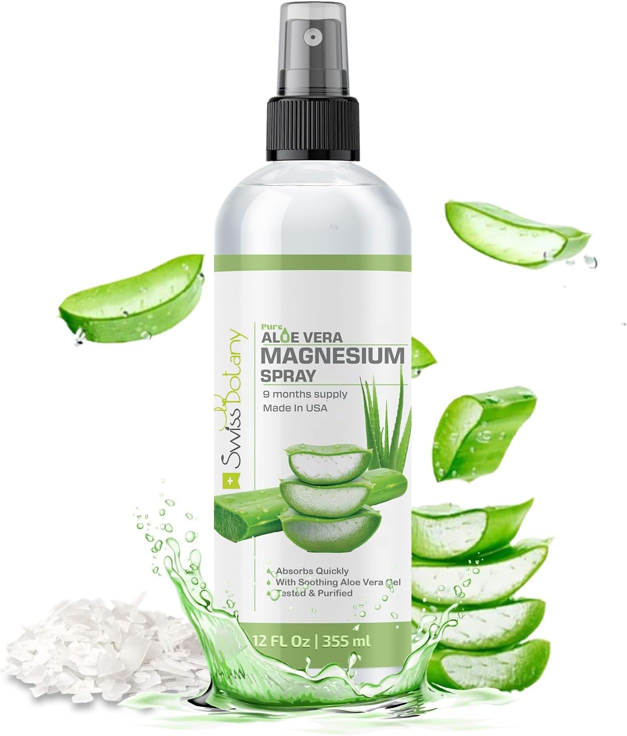 12 Fl Oz Swiss Botany Magnesium Oil Spray with Aloe Vera - Topical Stress Relief Solution for Better Sleep - USP Grade Formula