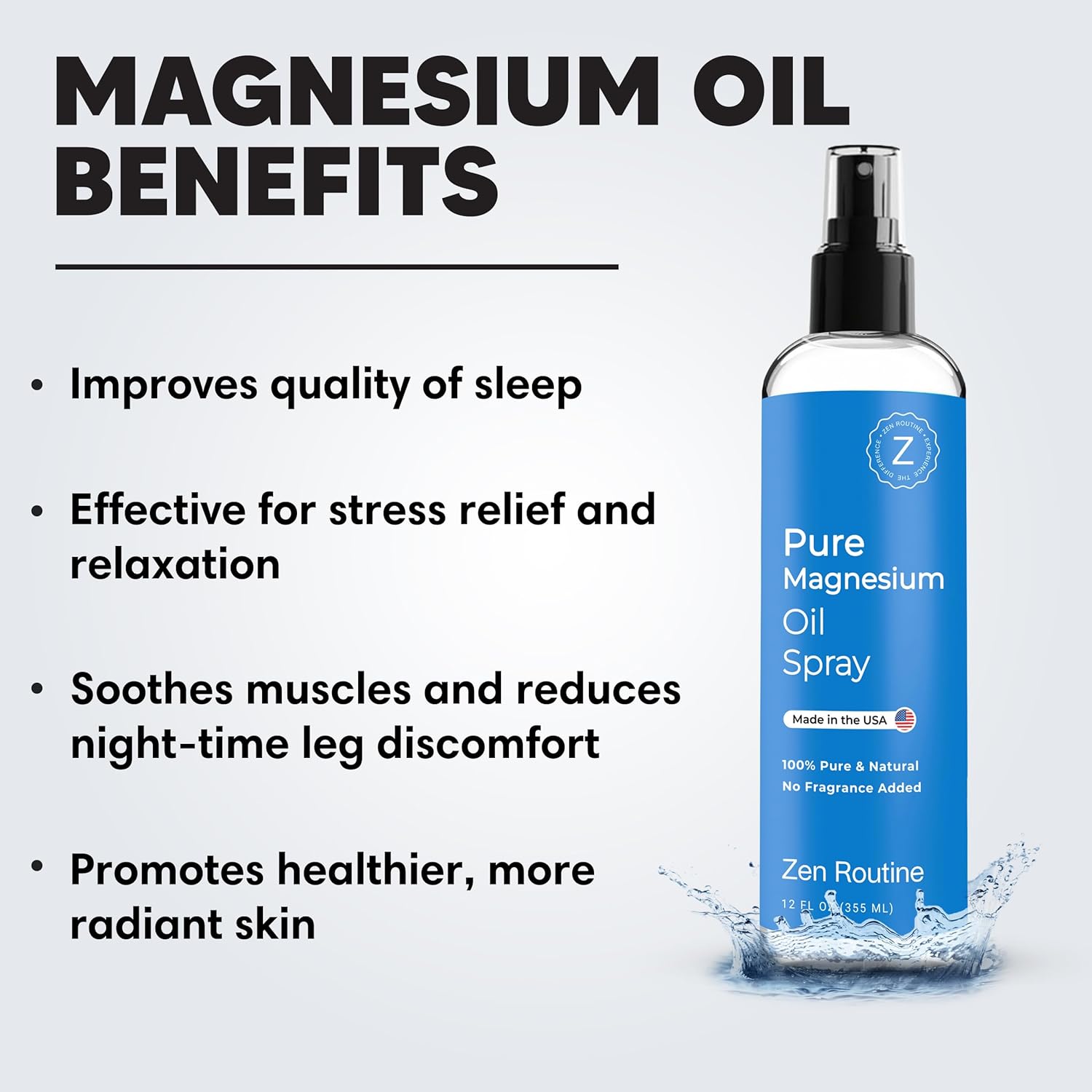 12 fl oz Zen Routine Pure Magnesium Oil Spray for Fast Absorption, 100% Organic, Promotes Relaxation and Calm Sleep - Made in USA