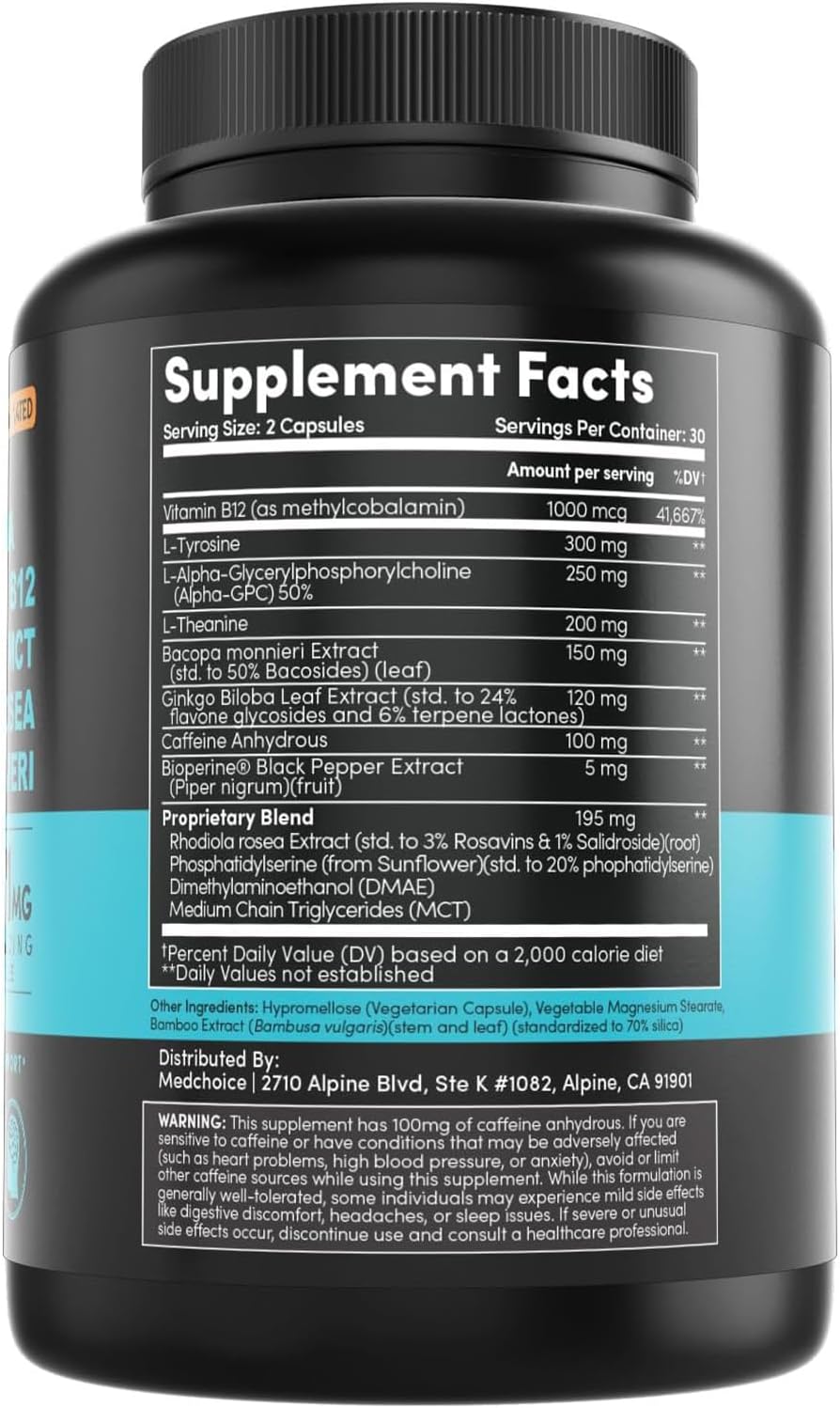12-in-1 Nootropic Brain Supplement with Caffeine Anhydrous and Ginkgo Biloba for Memory and Focus - Alpha GPC, L Theanine, Choline, B12, Bioperine - 1321mg (60ct)