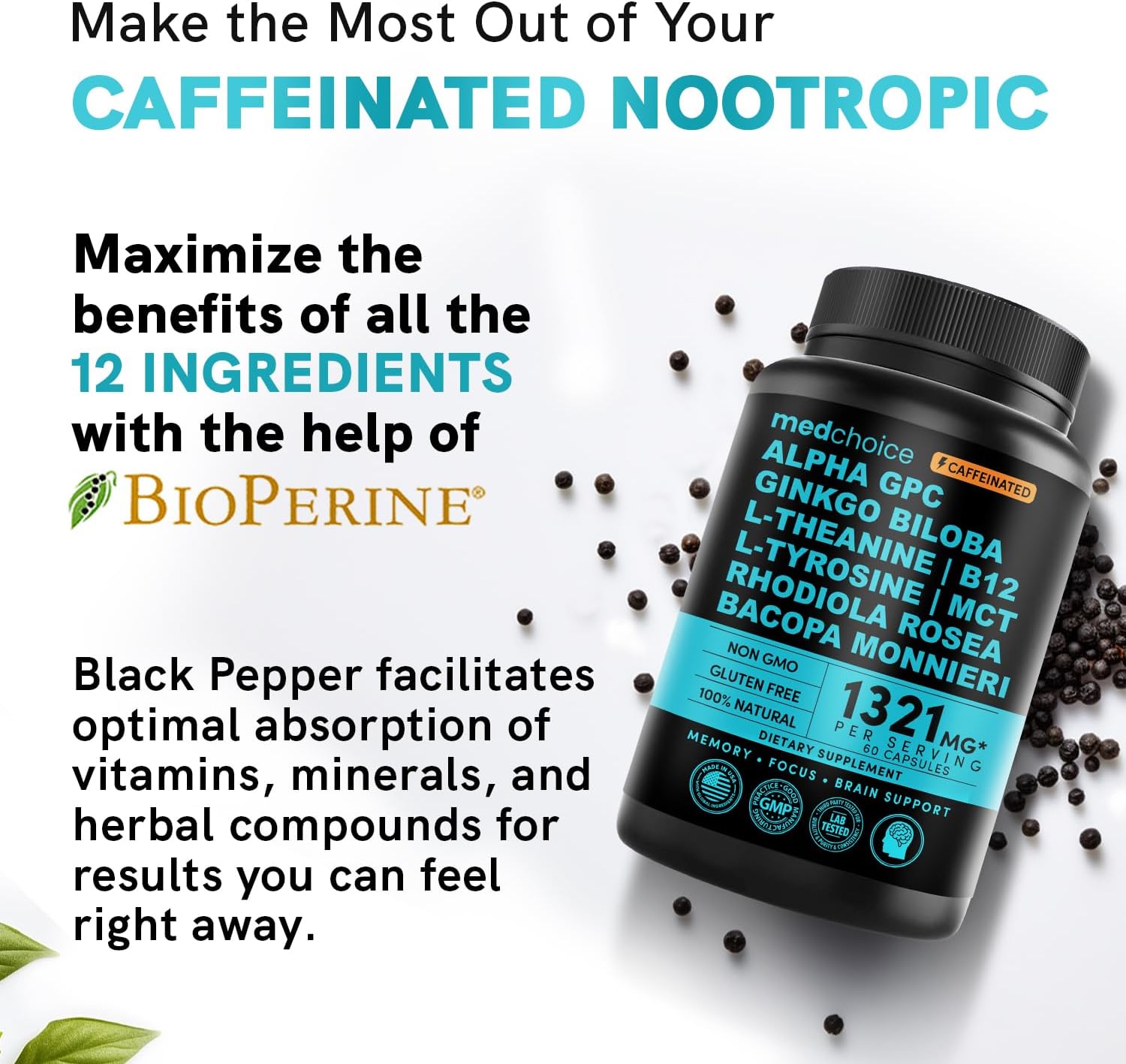 12-in-1 Nootropic Brain Supplement with Caffeine Anhydrous and Ginkgo Biloba for Memory and Focus - Alpha GPC, L Theanine, Choline, B12, Bioperine - 1321mg (60ct)