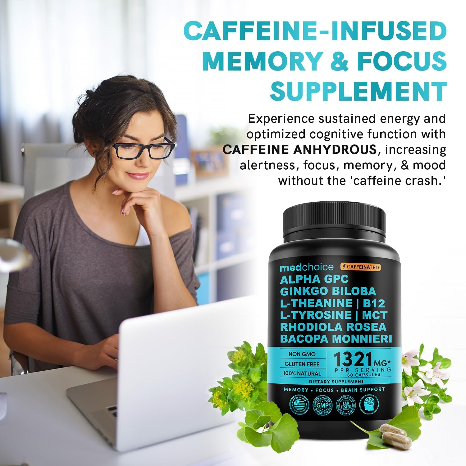 12-in-1 Nootropic Brain Supplement with Caffeine Anhydrous and Ginkgo Biloba for Memory and Focus - Alpha GPC, L Theanine, Choline, B12, Bioperine - 1321mg (60ct)