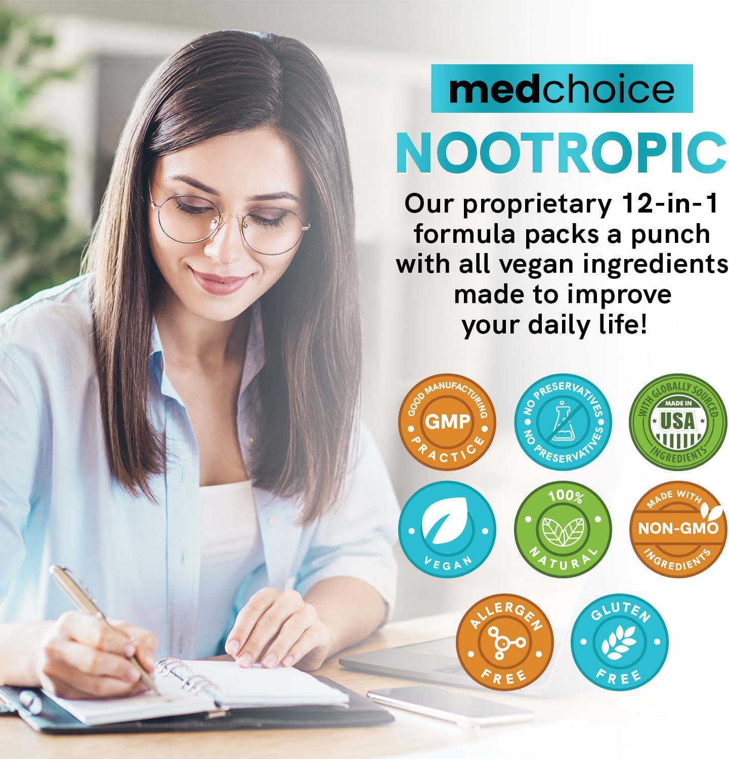 12-in-1 Nootropic Brain Supplement with Caffeine Anhydrous and Ginkgo Biloba for Memory and Focus - Alpha GPC, L Theanine, Choline, B12, Bioperine - 1321mg (60ct)