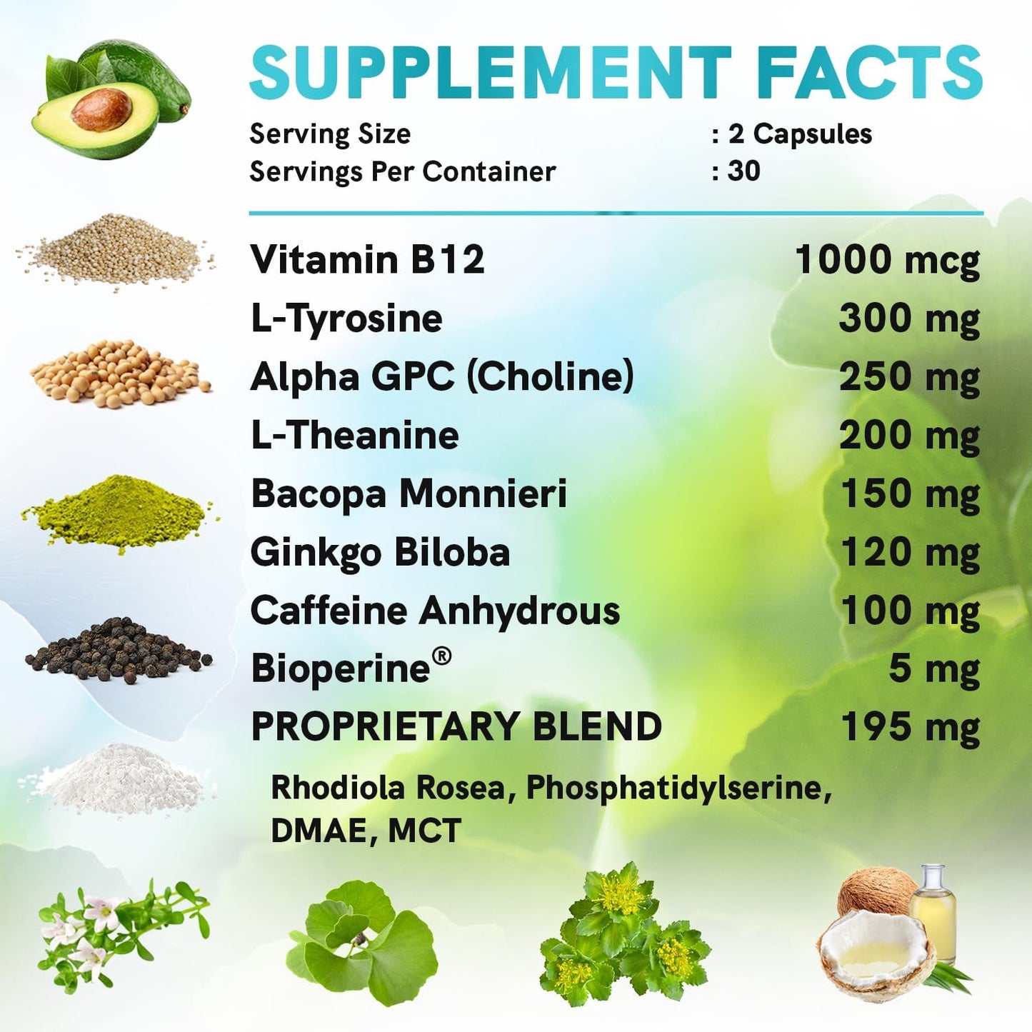 12-in-1 Nootropic Brain Supplement with Caffeine Anhydrous and Ginkgo Biloba for Memory and Focus - Alpha GPC, L Theanine, Choline, B12, Bioperine - 1321mg (60ct)