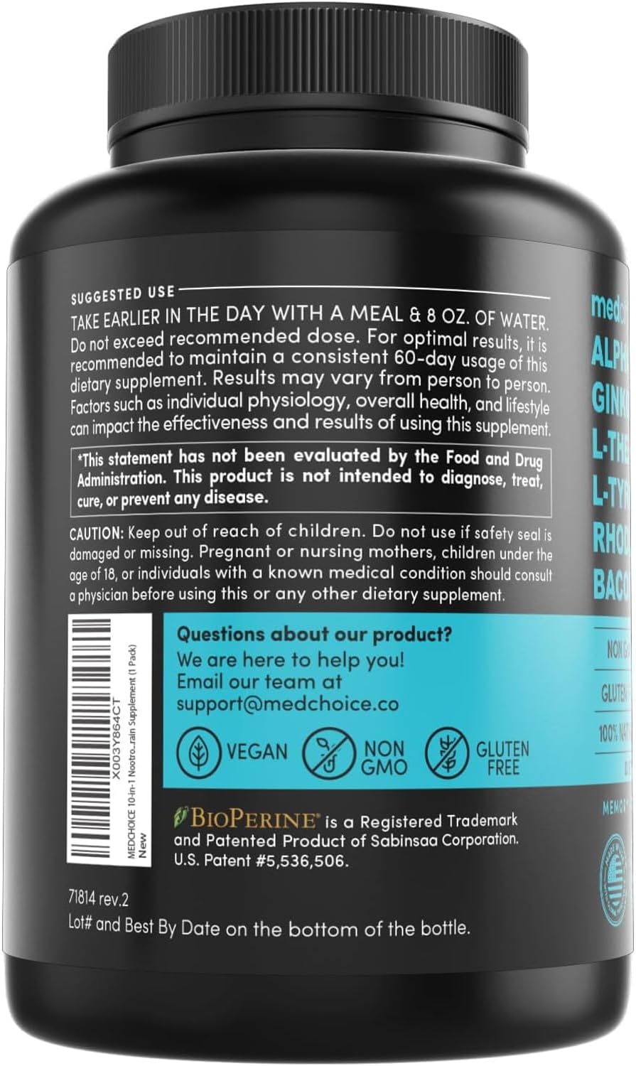 12-in-1 Nootropic Brain Supplement with Caffeine Anhydrous and Ginkgo Biloba for Memory and Focus - Alpha GPC, L Theanine, Choline, B12, Bioperine - 1321mg (60ct)