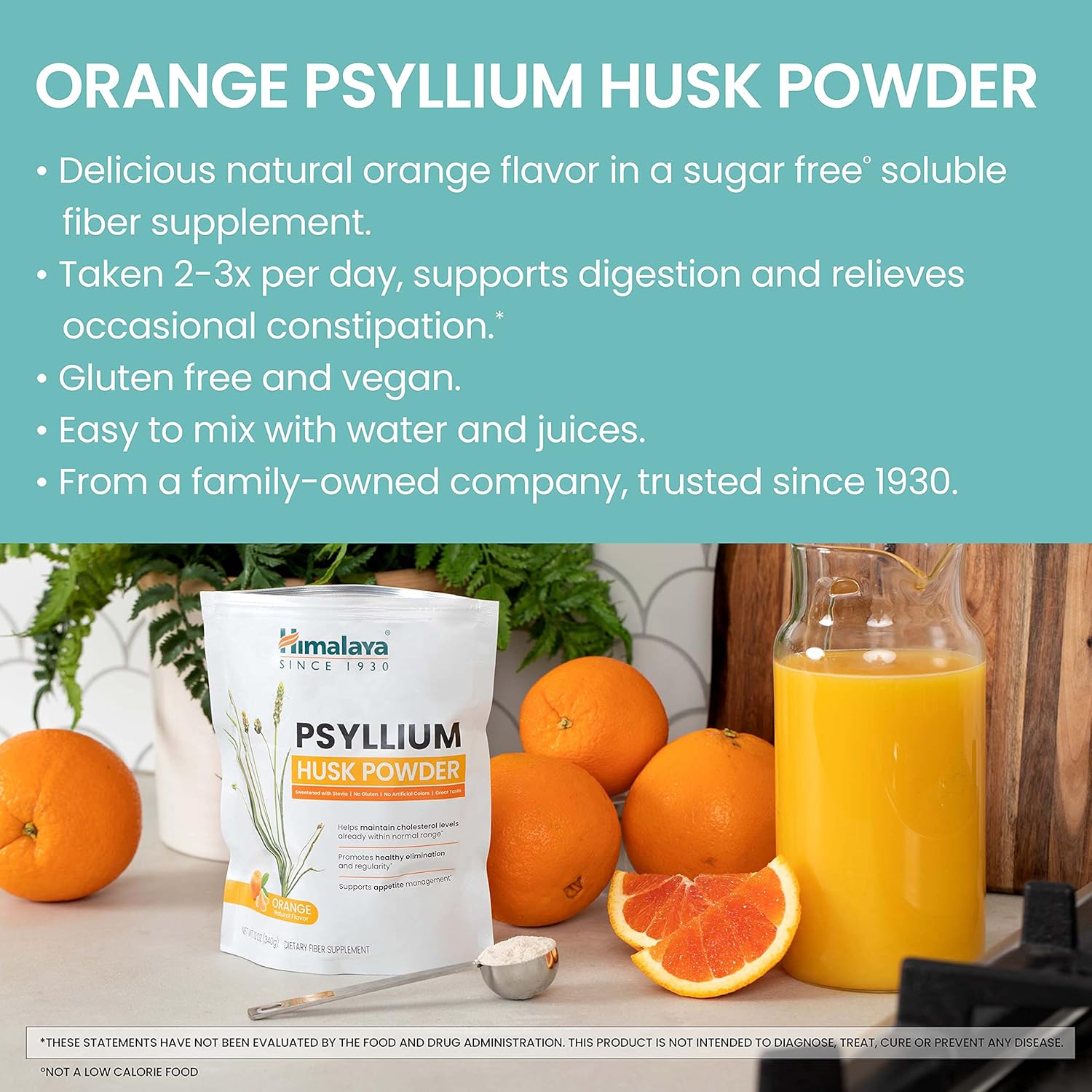 12 oz Himalaya Orange Psyllium Husk Powder for Digestive Support - Vegan, Gluten Free, Sugar Free, Easy-to-Mix Fiber Supplement