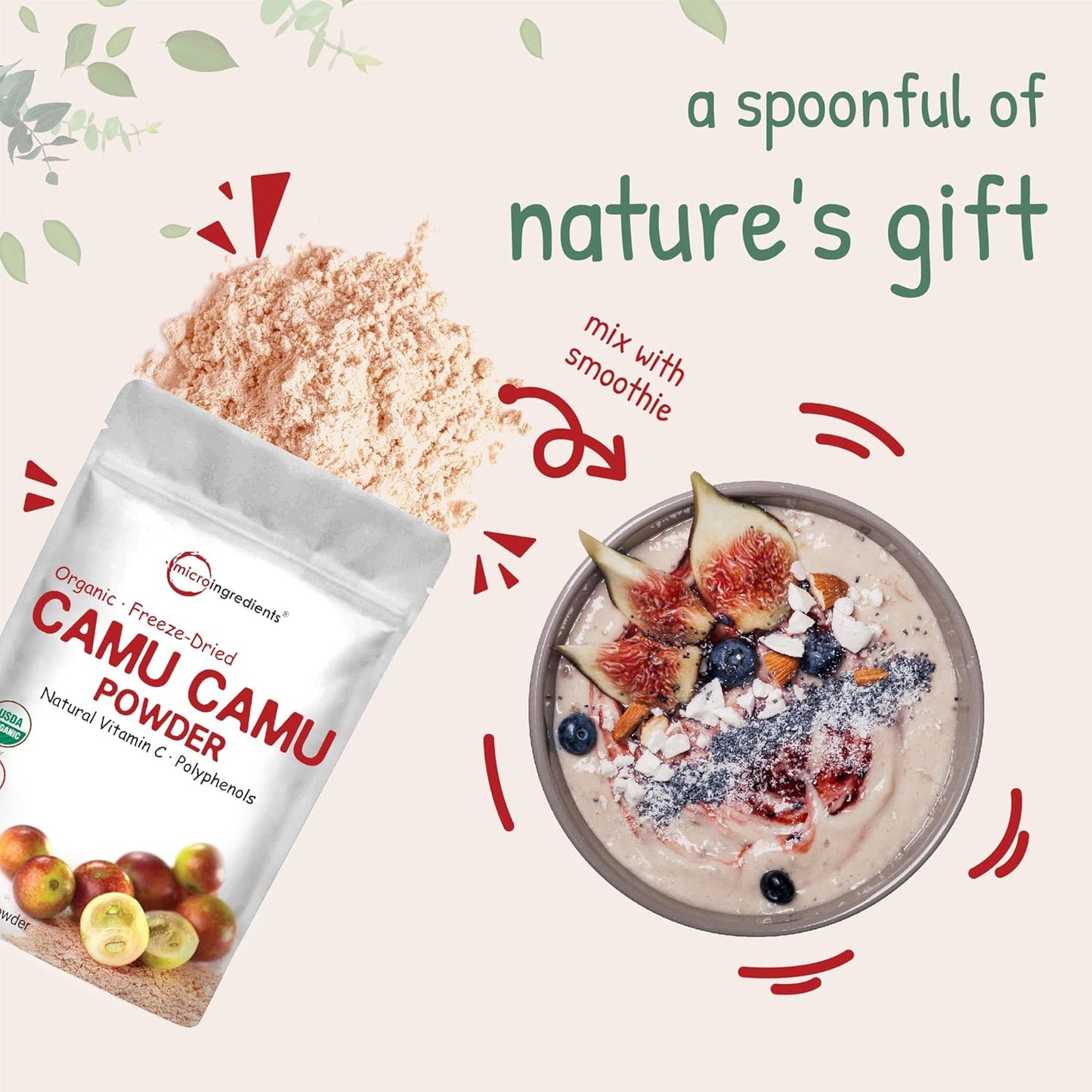 12 oz Micro Ingredients Organic Camu Camu Powder - High Vitamin C Level, Fresh Freeze-Dried Berries, GMO-Free, Vegan