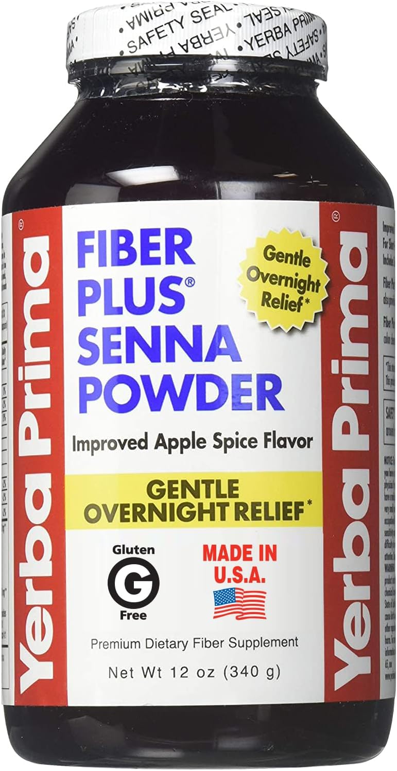 12 oz Yerba Prima Fiber Plus Senna Powder - Apple Spice Flavor, Stevia Sweetened, Gentle Overnight Relief, Restores Regularity
