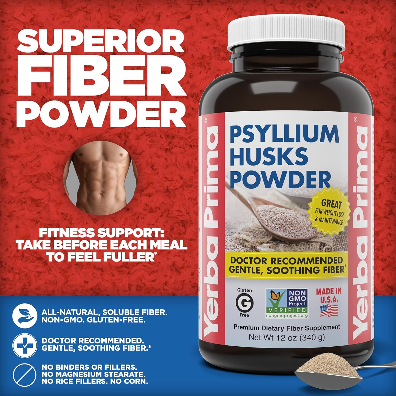 12 oz Yerba Prima Psyllium Husks Fiber Powder for Colon Cleanse and Gut Health - Vegan, Non-GMO, Gluten Free